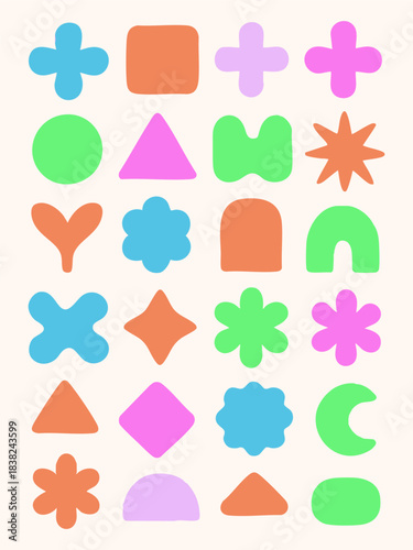 Colorful collection of vector icon stickers, including heart, star, and flower elements, for web design illustration