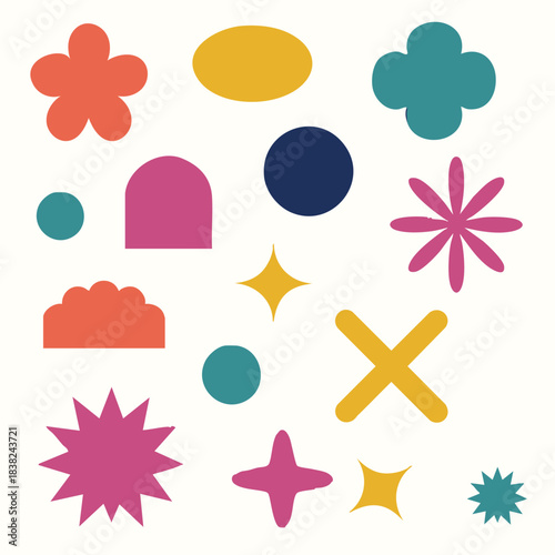 A colorful collection of vector icons for web design, including star, heart, flower, and bubble shapes