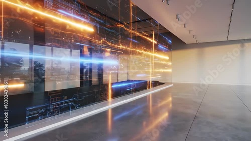 Futuristic Data Center with Digital Data Flows Moving Across Glass Wall