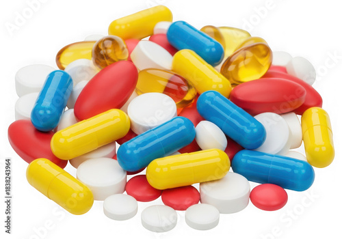 A pile of colorful pharmaceutical pills and capsules, including red, blue, and yellow capsules, white tablets, and yellow gel capsules, isolated on transparent background