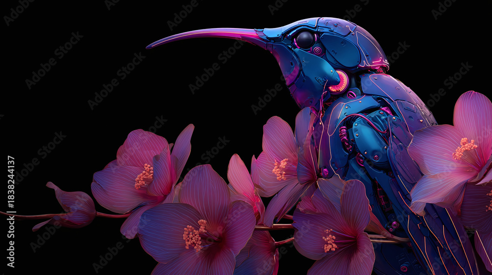 Naklejka premium A robotic hummingbird perching on a flower branch, against a dark background, in a digital painting. The image is an intricate illustration that blends technology with nature
