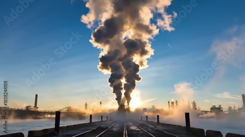 Industrial factory emitting thick smoke during sunset with railway tracks in foreground
