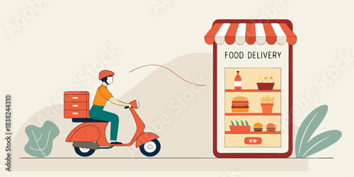 Fast food delivery rider zips by on scooter after mobile order placed through online application interface