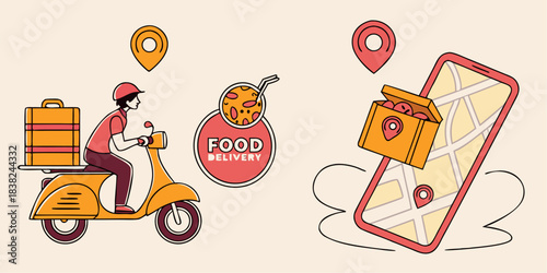 Dynamic courier quickly transports hot takeout food order across city using scooter and mobile tracking app