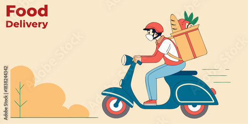 Dedicated delivery person wearing a mask speeds by on a scooter carrying groceries and fresh bread to your door