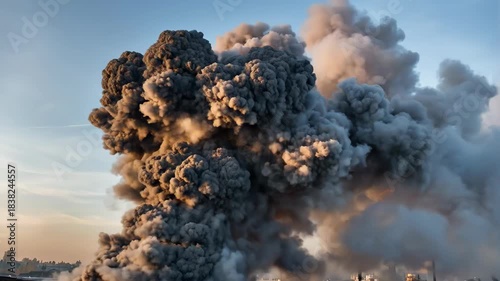 Massive Smoke Cloud Rising from Industrial Fire at Dawn