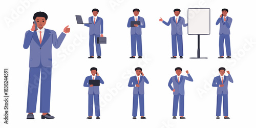 Professional man in a suit depicted in various business poses and actions
