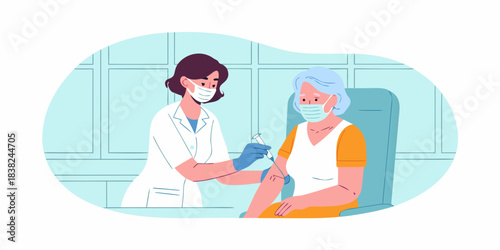 Doctor administering a vaccine to an elderly woman in a medical setting
