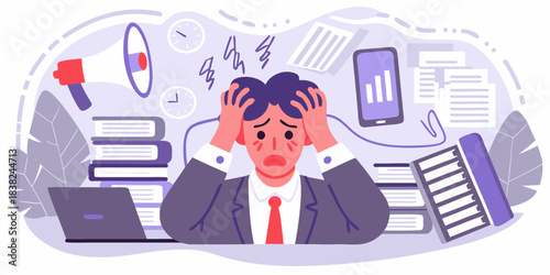 Overwhelmed businessman struggling with stress and work overload facing multiple demands