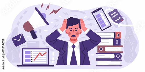 Overwhelmed businessman struggling with workload stress and modern office pressures