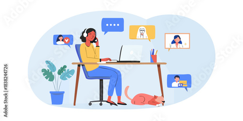 Woman working remotely with video calls laptop and a cozy home office setup