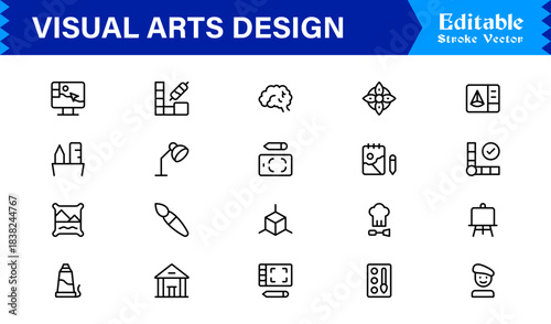 Professional Visual Arts Design Line Icon Pack Featuring Modern Minimalist Vector Icons for Creative Industry and Artistic Digital Projects with Unique Clean Outlines