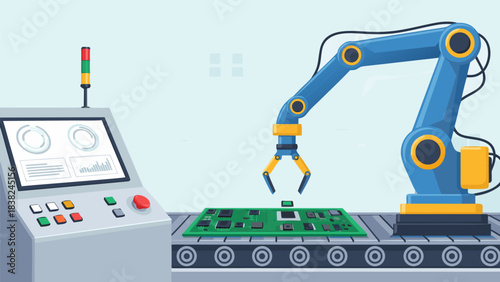 Robotic arm assembling electronic circuit boards on an automated conveyor belt, illustrating industrial automation and smart factory manufacturing