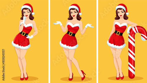 Charming collection of three festive Santa girl illustrations, featuring a cheerful young woman in a classic holiday costume, perfect for Christmas designs and season's greetings