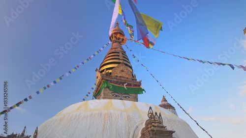 Low Angle View Colorful Prayer Flags Over Famous Kathmandu Temple Swayambhunath