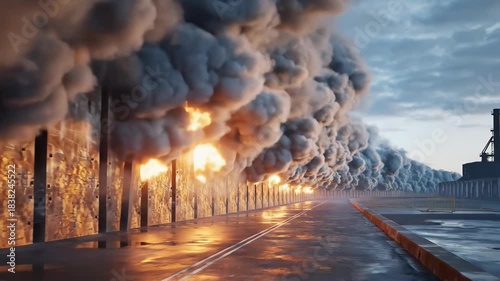 Industrial Fire and Smoke Plumes Rising Along a Coastal Highway at Sunset