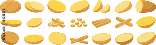 Potato vector collection featuring whole potatoes, slices, wedges, cubes, sticks, peeled potatoes, and detailed cooking ingredient illustrations.