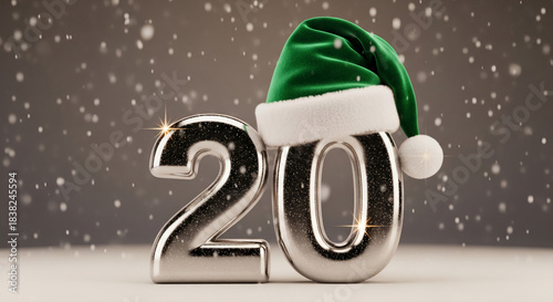 Shiny metal number twenty with a green Santa hat under snow, representing holiday season, celebration, perfect for festive occasion and seasonal concept