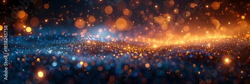 Panoramic View of Sparkling Orange and Blue Lights Abstract Background