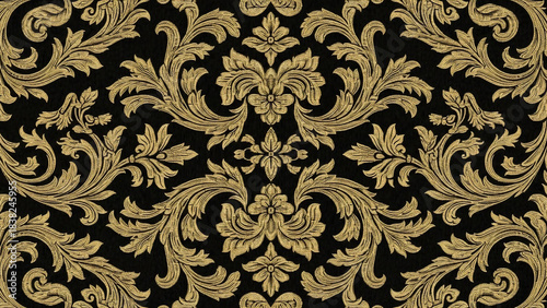 Ornate golden floral arabesque pattern on dark background with vintage flair