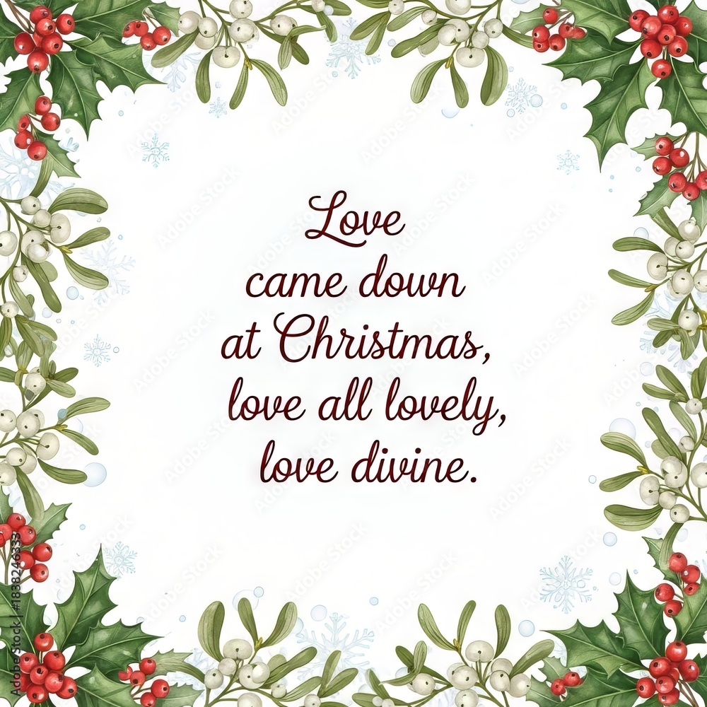 Fototapeta premium Love came down at Christmas, love all lovely, love divine. Winter holiday greeting card design with festive holly and mistletoe frame on white background.