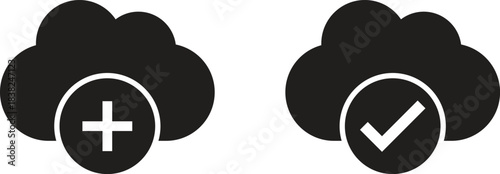 Cloud Add and Check Icons for Upload, Sync, and Digital Storage Interface Design