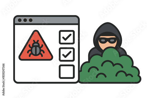 Masked figure near software bug detection checklist on digital screen