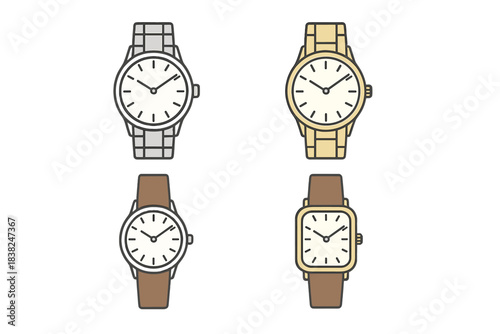 Collection of four classic analog wristwatches with metal and leather straps