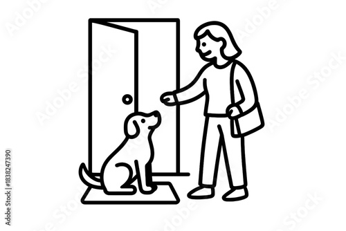 Woman greets seated dog near open doorway