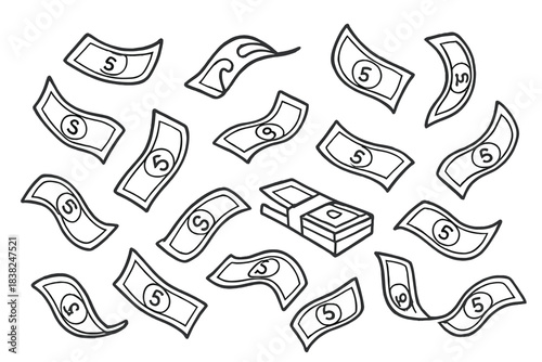 Falling currency banknotes and cash stack hand drawn outline icons