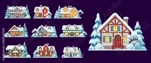 Winter Christmas snowy house buildings with vector Xmas holiday decorations. Cartoon cozy Christmas town houses, cute village cottages and mansions set with snow trees and roofs, Xmas wreaths, lights