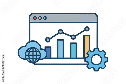 Cloud data analysis dashboard featuring growth chart and settings icon
