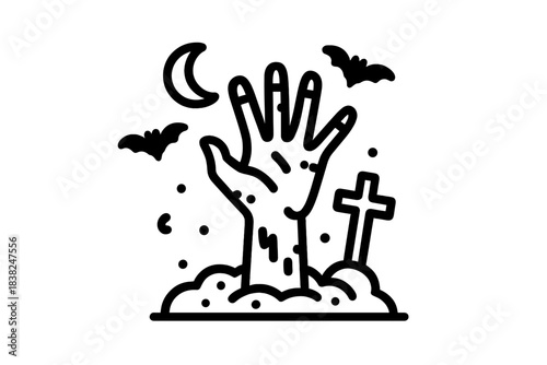 Zombie hand emerging from grave under crescent moon with flying bats