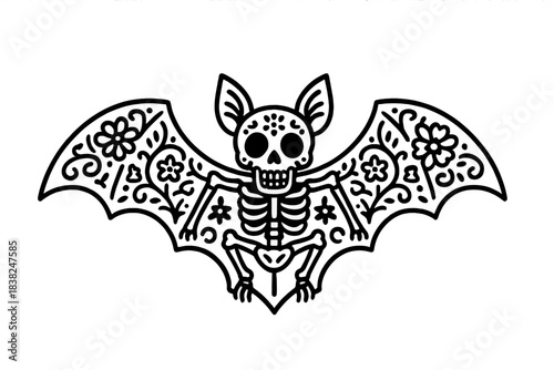 Stylized bat skeleton with floral decorative wings outline drawing