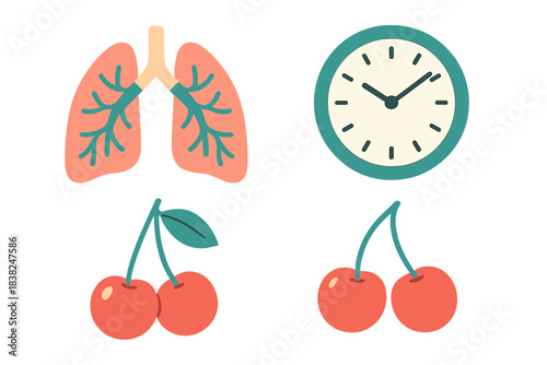 Set of human lungs clock and sweet cherries icons