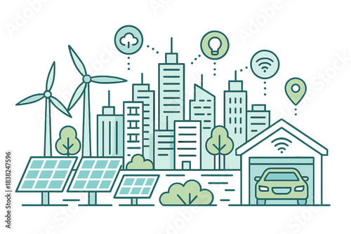 Modern urban development featuring renewable power sources and electric vehicle charging