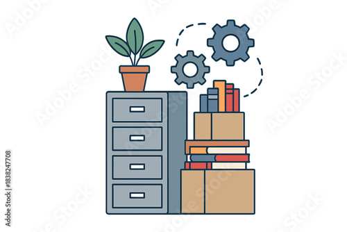 Filing cabinet books and gears representing storage organization and workflow concept