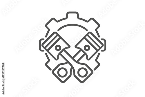 Crossed engine pistons within gear outline icon for automotive mechanics