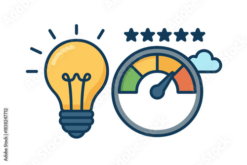 Innovation and performance rating meter concept with glowing light bulb