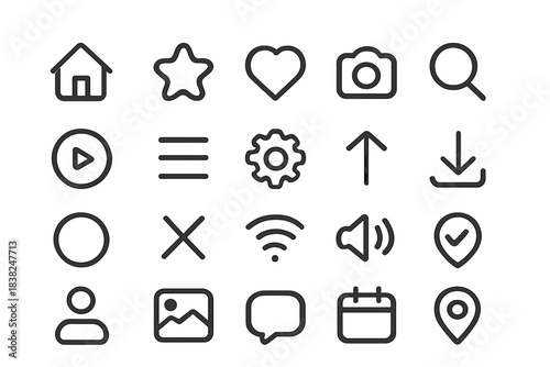 Outline user interface icon set for mobile application navigation and functions