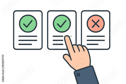 Hand selecting option from checklist with approval and rejection symbols