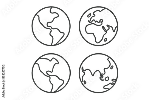 Four simple outline icons depicting the globe with different continents