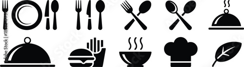 Food and restaurant icon set featuring cutlery, serving trays, chef hat, hot meals, burgers, fries, soup bowls, and leaf symbols.