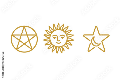 Esoteric celestial and pagan symbols line art icons set