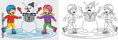 Cartoon kids roller skating around a confused snowman referee Funny vector illustration with black and white outline version for coloring book page.