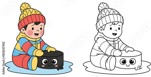 Cute cartoon baby boy in winter clothes playing with a funny hockey puck character Vector illustration with black and white outline version for coloring book page.