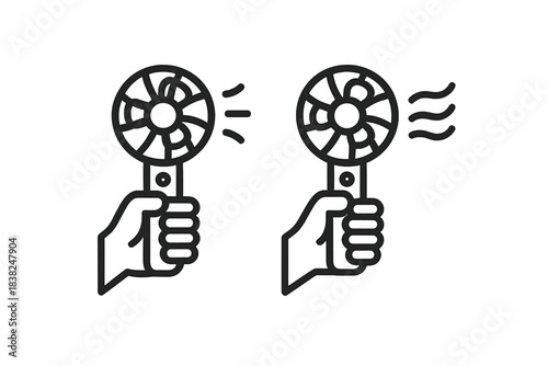 Hand holding portable electric fan with airflow icons