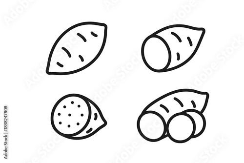 Sweet potato icons whole and sliced root vegetable outline symbols set