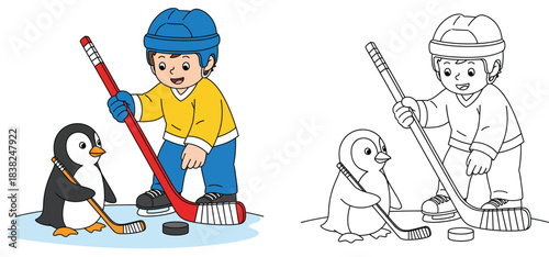 Cute hockey player boy playing with a penguin on ice Vector illustration with black and white outline version for coloring book page.