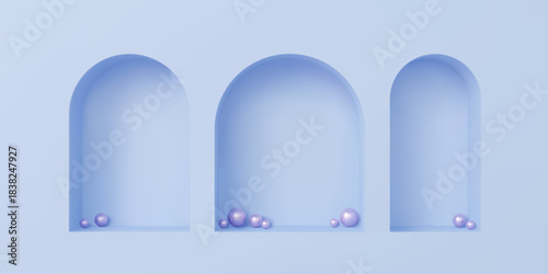 Blue wall with 3D niches in arch shape with shadows for gallery display, realistic vector. Arc niche inside of blue wall with pearl balls in frame box for exhibition showcase or boutique shop display